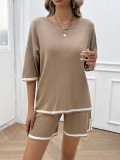 Women Round Neck Chic Casual Sweater Top and Shorts Two-piece Set