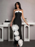 Women Strapless Black and White Patchwork Large Flower Party Bandage Dress