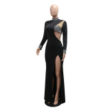 Fashionable Solid Color Beaded Long Sleeve High Slit Evening Dress For Women