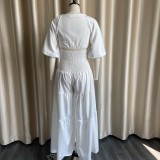 Women Spring Casual V-neck Sleeveless High Waist Solid Cascading Ruffle Loose Plus Size Two Piece Pants Set