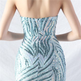 Sequin Mesh Patchwork Strapless Mermaid Evening Dress
