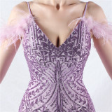 Strap V-Neck Feather Formal Party Evening Dress