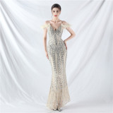 Strap V-Neck Feather Formal Party Evening Dress