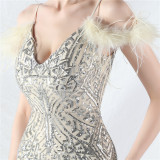 Strap V-Neck Feather Formal Party Evening Dress