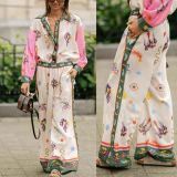 Spring And Autumn Long Sleeve Pocket Print Shirt Pants Loose Casual Two-Piece Suit For Women