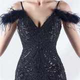 Strap V-Neck Feather Formal Party Evening Dress