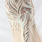 Sequin Mesh Patchwork Strapless Mermaid Evening Dress