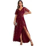 Elegant Embroidered Sequined Prom Dress Ruffle Sleeve Fishtail Long Evening Dress