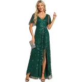 Elegant Embroidered Sequined Prom Dress Ruffle Sleeve Fishtail Long Evening Dress