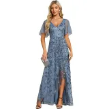 Elegant Embroidered Sequined Prom Dress Ruffle Sleeve Fishtail Long Evening Dress