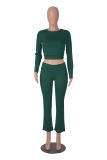 Women long sleeve round neck top and bell bottom pant two-piece set