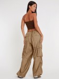 Large Pocket High Waist Casual Drawstring Slim Waist Cargo Pants For Women