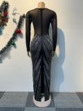 Women Beaded See-Through Patchwork Bodycon Elastic slit dress