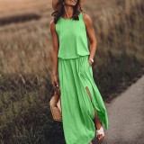 Summer Women's Trendy Retro Round Neck Sleeveless Slit Solid Color Casual Dress
