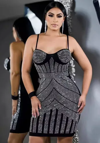 Women sexy beaded suspender elastic bodycon dress