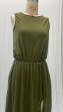 Summer Women's Trendy Retro Round Neck Sleeveless Slit Solid Color Casual Dress