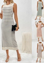 Spring And Summer Slim Women's Striped Knitting Sleeveless Fashion Long Dress