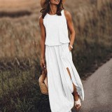 Summer Women's Trendy Retro Round Neck Sleeveless Slit Solid Color Casual Dress