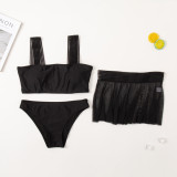 Plus size Women solid sexy tank top + mesh skirt Swimwear two-piece set