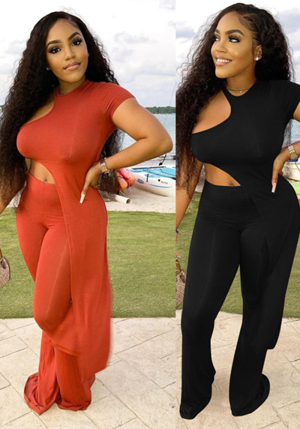 Women sexy asymmetrical Solid Top and Pant two-piece set