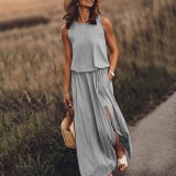 Summer Women's Trendy Retro Round Neck Sleeveless Slit Solid Color Casual Dress