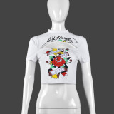 Women autumn print hollow crop short sleeve sexy t-shirt