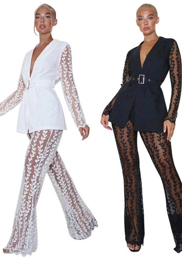 Women mesh lace Floral long-sleeved Top and Bell Bottom long pants two-piece set with belt