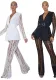Women mesh lace Floral long-sleeved Top and Bell Bottom long pants two-piece set with belt