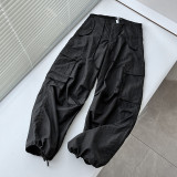 Large Pocket High Waist Casual Drawstring Slim Waist Cargo Pants For Women