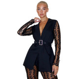 Women mesh lace Floral long-sleeved Top and Bell Bottom long pants two-piece set with belt