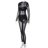 Women Long Sleeve Mesh Sexy See-Through Jumpsuit