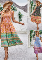 Women Summer Casual Printed V-Neck Flying Sleeve Bohemian Dress