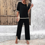 Women Chic Casual Short Sleeve Knitting Top and Pant Two-piece Set