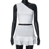 Women Summer Solid Slash Shoulder Sleeveless Top and Mini Skirt Two-Piece Set