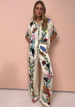 Summer Women Loose Printed Shirt Trousers Two-piece Set