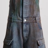 High street strapless pocket Cargo denim overalls jumpsuit