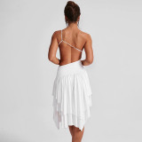 Women Summer Solid One-Shoulder Hollow Backless Dress