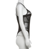 Women Summer sexy See-Through V-neck Solid suspender bodysuit