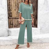 Women Chic Casual Short Sleeve Knitting Top and Pant Two-piece Set