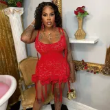 Women sexy See-Through hollow jacquard Lace tie dress