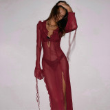 Spring Women Sexy See-Through tie v-neck slit dress