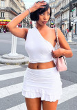 Women Summer Solid Slash Shoulder Sleeveless Top and Mini Skirt Two-Piece Set