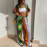 Summer Women Loose Printed Shirt Trousers Two-piece Set