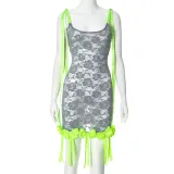 Women sexy See-Through hollow jacquard Lace tie dress
