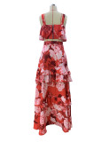 Women's Fashion Holidays Style Floral Printed Strap Top Ruffle Skirt Two-Piece Set