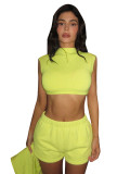 Women's Summer Solid Color Sleeveless Crop Top Elastic Waist Stretch Shorts Casual Two Piece Set