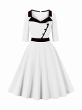Spring Ol Professional Chic Turndown Collar Patchwork Three-Quarter Sleeve Slim Waist A-Line Dress