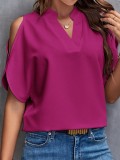 Women's Summer Solid Color V-Neck Cutout Short Sleeves Chic Fashion Women's Top