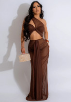 Fashionable Sexy See-Through Mesh Irregular Long Dress Including Underwear