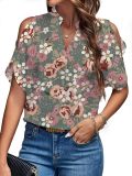Women's Summer Solid Color V-Neck Cutout Short Sleeves Chic Fashion Women's Top